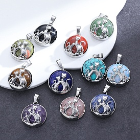 Flat Round with Cat Natural & Synthetic Mixed Gemstone Pendants, with Platinum Alloy Finding