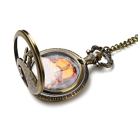 Alloy Glass Pendant Pocket Necklace, Electronic Watches, with Iron Chains and Lobster Claw Clasps, Flat Round with Human