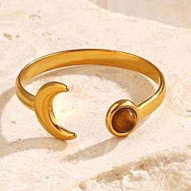 304 открытые манжеты-кольца из нержавеющей стали с окрашенным тигровым глазом для женщин, луна