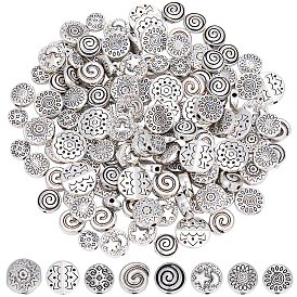 160Pcs 8 Styles Tibetan Style Alloy Beads, Flat Round