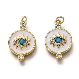 Brass Micro Pave Clear & Deep Sky Blue Cubic Zirconia Pendants, Long-Lasting Plated, with Jump Rings & White Enamel, Flat Round with Eye