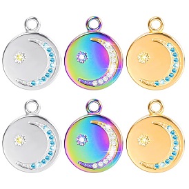 201 Stainless Steel Rhinestone Pendants, Flat Round with Moon & Star Charms