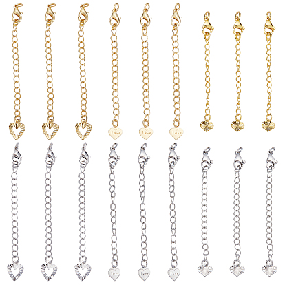 24Pcs 6 Style Brass Chain Extender, with Lobster Claw Clasps and Heart Charm
