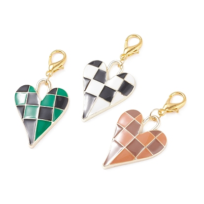 Alloy Enamel Pendants Decoration, with Zinc Alloy Lobster Claw Clasps, Heart with Tartan Patten