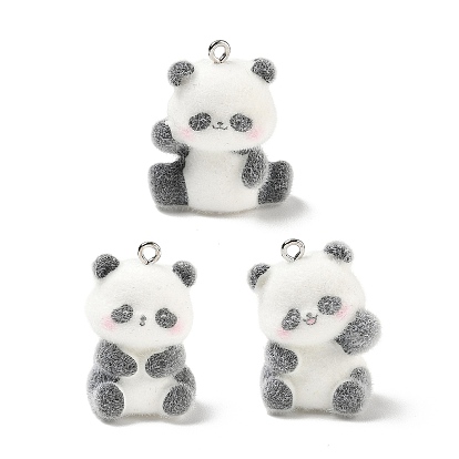 Flocky Opaque Resin Pendants, with Platinum Iron Loops, Panda Charms