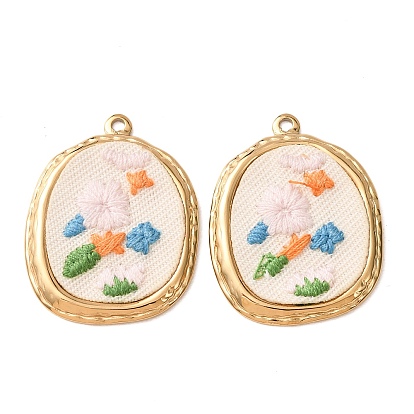 304 Stainless Steel & Cloth Embroidered Pendants, Irregular with Flower Charms, Ion Plating(IP), Long-Lasting Plated, Real 18K Gold Plated
