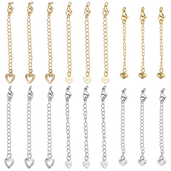 24Pcs 6 Style Brass Chain Extender, with Lobster Claw Clasps and Heart Charm