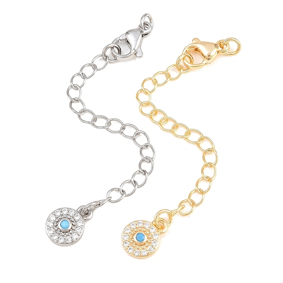 Brass Curb Chain Extender, End Chains with Lobster Claw Clasps and Cubic Zirconia Charms, Flat Round