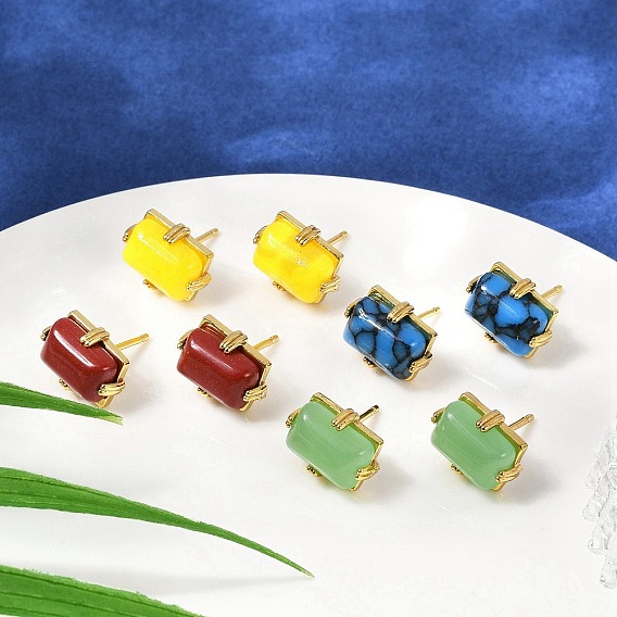 Латунь серьги, с натуральным окрашенным белым нефритом, стойки покрытие, долговечный, прямоугольные, золотые