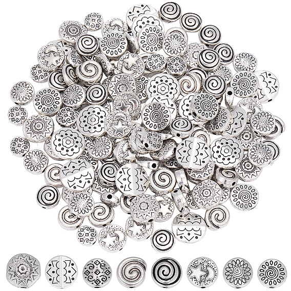 160Pcs 8 Styles Tibetan Style Alloy Beads, Flat Round