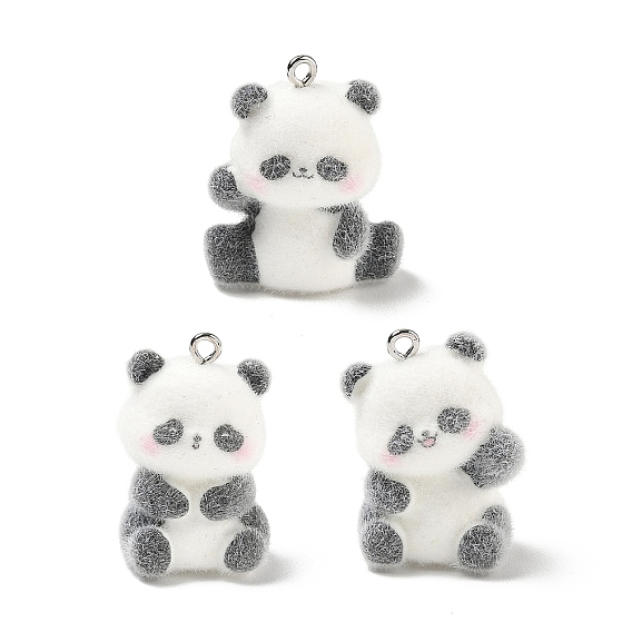 Flocky Opaque Resin Pendants, with Platinum Iron Loops, Panda Charms