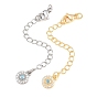 Brass Curb Chain Extender, End Chains with Lobster Claw Clasps and Cubic Zirconia Charms, Flat Round