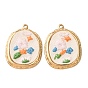 304 Stainless Steel & Cloth Embroidered Pendants, Irregular with Flower Charms, Ion Plating(IP), Long-Lasting Plated, Real 18K Gold Plated