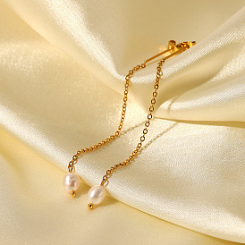 Chic Pearl Pendant Long Bar Ear Thread Earrings in 18K Gold Stainless Steel Chain Jewelry