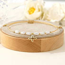 304 из нержавеющей стали шарм браслеты, Плетеные браслеты для женщин из пластика с имитацией жемчуга и латунных бусин., крестик