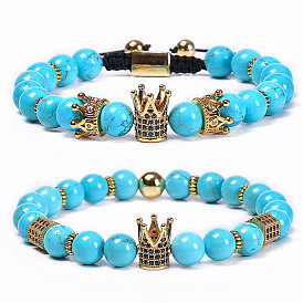 Natural Turquoise Crown Bracelet with CZ Micro Inlaid Zircon Charm