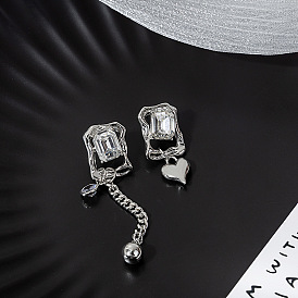 Asymmetrical Diamond-Encrusted Heart Earrings with Chain, Minimalist Metal Harbor Style Ear Jewelry.