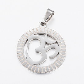 Ion Plating(IP) 304 Stainless Steel Yoga Pendants, Textured, Flat Round with Ohm