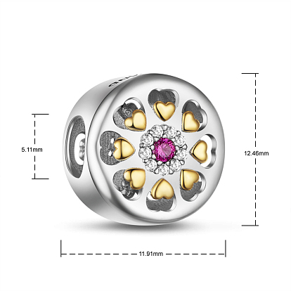 TINYSAND 925 Sterling Silver Cubic Zirconia European Bead, Flower with Golden Heart, 11.91x12.46x9.76mm, Hole: 5.11mm
