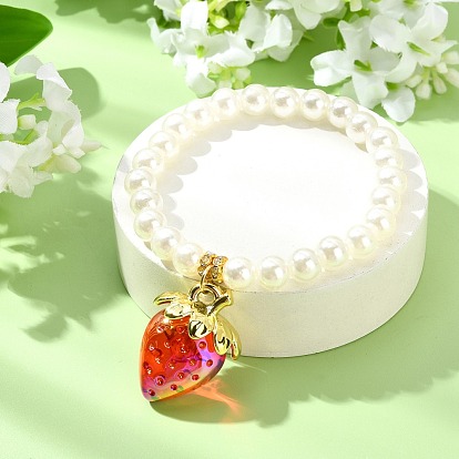 Acrylic Strawberry Charm Bracelets, Acrylic Imitation Pearl Beads Stretch Bracelets for Women