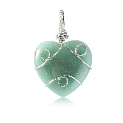 Natural Gemstone Pendants, Stainless Steel Wire Wrapped Heart Charms, Stainless Steel Color
