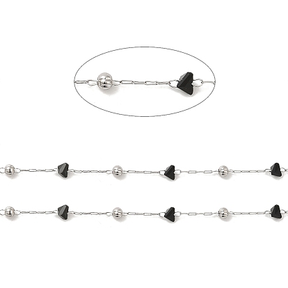 Black Glass Faceted Triangle Beaded Chains, with 304 Stainless Steel Satellite Chains, Soldered, with Spool