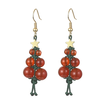 Natural Carnelian & Agate Beaded Christmas Tree Dangle Earrings, Brass Jewelry