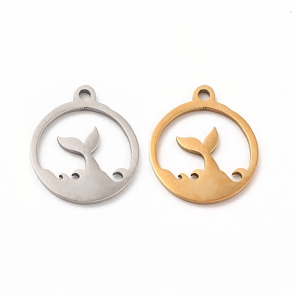 201 Stainless Steel Pendants, Flat Round with Mermaid Tail Shape Charms