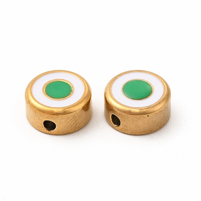 Eco-Friendly 304 Stainless Steel Beads, with Enamel, Flat Round with Evil Eye, Golden