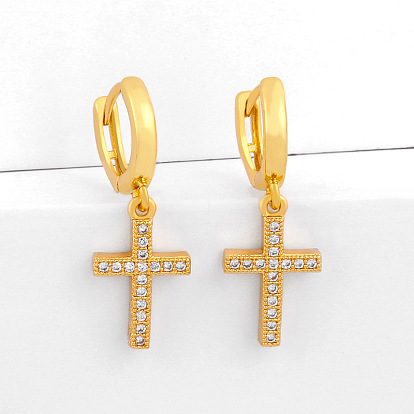 Retro Cross Earrings with Hip Hop Full Diamond Cross Pendant