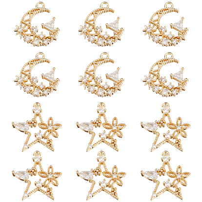12Pcs 2 Styles Brass Micro Pave Cubic Zirconia Pendants, Mixed Shapes