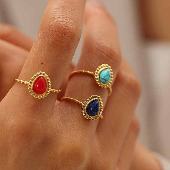 Каплевидное кольцо из натуральных и синтетических драгоценных камней, манжетное кольцо из нержавеющей стали для женщин, реальный 18 k позолоченный