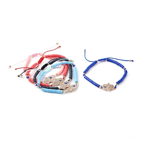 Adjustable Nylon Thread Braided Bead Bracelets, with Polymer Clay Heishi Beads and Alloy Rhinestone Links, Hamsa Hand with Evil Eye, Golden
