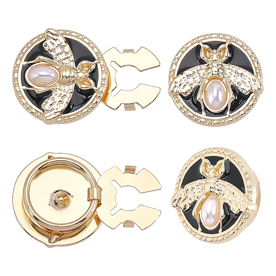 Bouton de manchette en alliage émaillé, avec des perles en plastique imitation perles, plat rond avec des abeilles