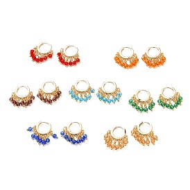 Brass Huggie Hoop Earring Sets, with Glass Charms, Real 18k Gold Plated