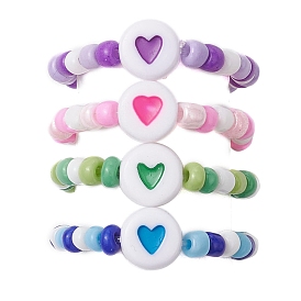 Glass Seed Beads Stretch Rings, Acrylic Flat Round with Heart Ring for Women