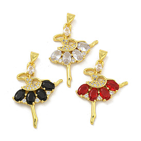 Rack Plating Brass Micro Pave Cubic Zirconia Pendants, Cadmium Free & Lead Free, Long-Lasting Plated, Real 18K Gold Plated, Ballet Dancer