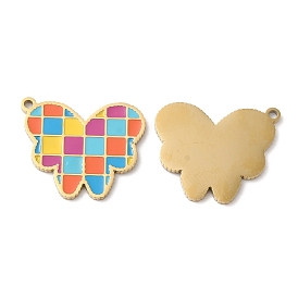 Ion Plating(IP) 316L Surgical Stainless Steel Pendants, with Enamel, Butterfly with Tartan Pattern Charm