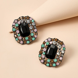 Geometric Black Diamond Stud Earrings with Colorful Gemstones for Women - Versatile and Chic Office Accessories