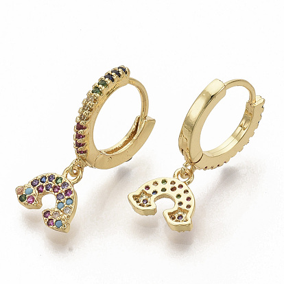 Brass Micro Pave Colorful Cubic Zirconia Dangle Hoop Earrings, Rainbow, Real 16K Gold Plated