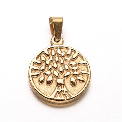 304 Stainless Steel Flat Round with Tree Pendants, 22x18x3mm, Hole: 6mm