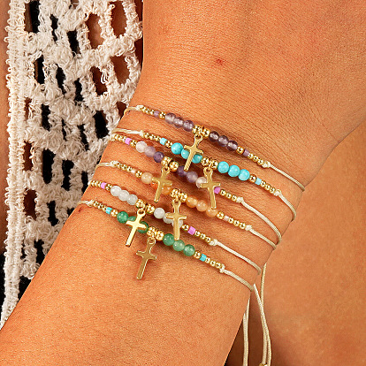 Браслеты из бисера из натурального драгоценного камня, Браслеты с подвесками в виде креста из нержавеющей стали для женщин, граненые