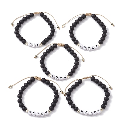 5Pcs 5 Style Glass Round Beaded Braided Bead Bracelets Set, Lucky Word Acrylic Stackable Bracelets