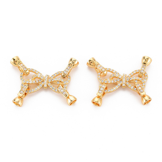 Brass Micro Pave Clear Cubic Zirconia Fold Over Clasps, Nickel Free, Bowknot