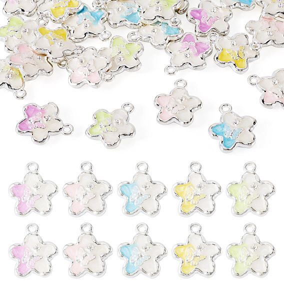 30Pcs 5 Colors Alloy Rhinestone Pendants, Enamel Style, Flower, Platinum