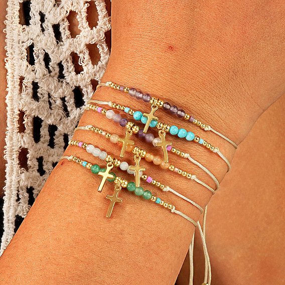 Браслеты из бисера из натурального драгоценного камня, Браслеты с подвесками в виде креста из нержавеющей стали для женщин, граненые