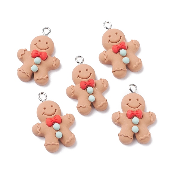 Pendentifs en résine opaque, avec boucles en fer couleur platine, le thème de Noël, gingerbread man