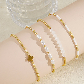 4Pcs Vintage Elegant Imitation Pearl & Bead Beaded Stretch Bracelet Sets for Women