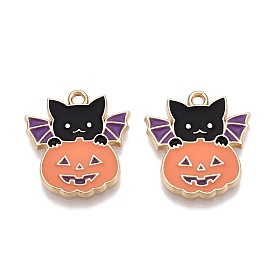 Halloween Theme Rack Plating Alloy Enamel Pendants, Golden, Cat with Pumpkin Charm