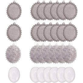 Tibetan Style Alloy Flat Oval Pendant Cabochon Settings and Clear Oval Glass Cabochons